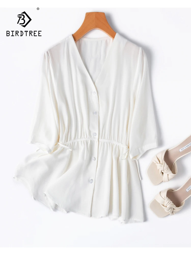 

BirdTree, 100%Real Silk Elegant Shirt For Women, Half Sleeve Solid Lace-up, French Commute Blouse, 2024 Spring Summer T43277QC