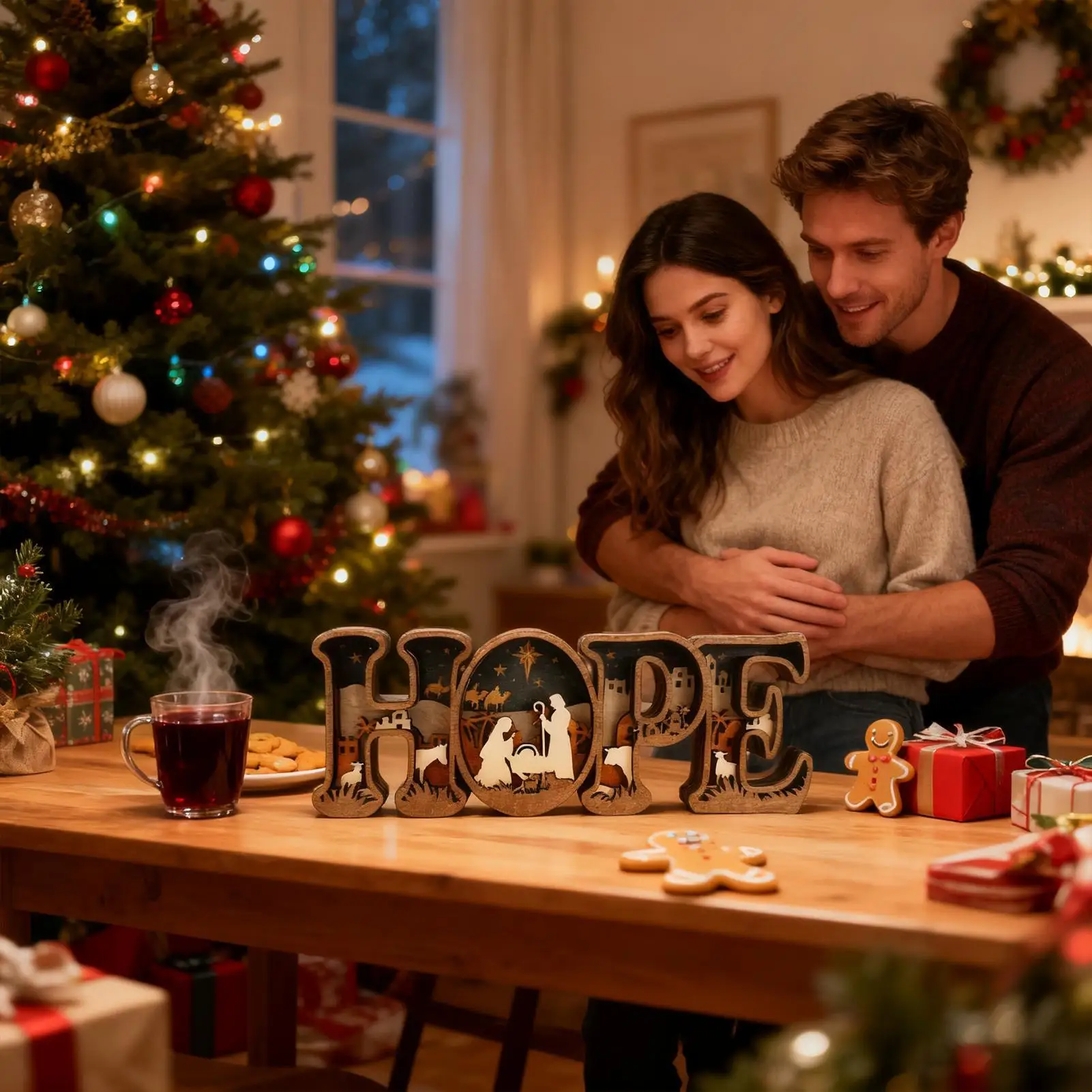 Jesus Nativity Light 3D Wooden HOPE Letters Decor Christmas Indoor Nativity Scene For Mantelpieces Church Thanksgiving Holiday