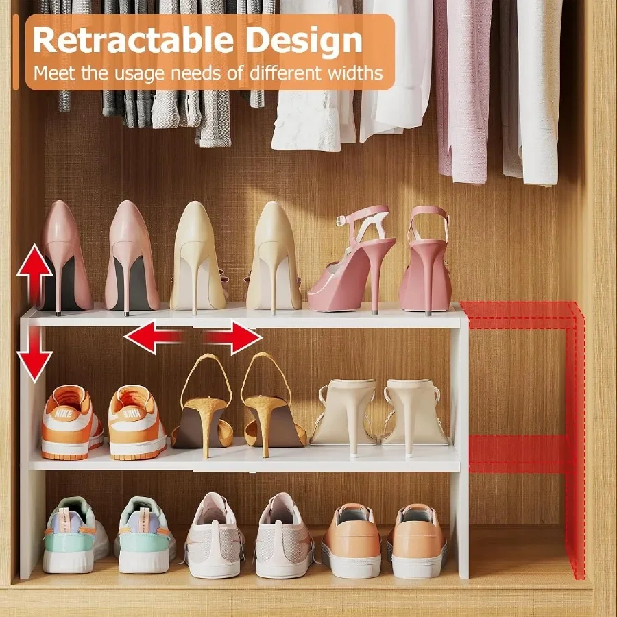 2Tier Shoe Rack Organizer for Closet Expandable and Adjustable White Shoe 1 Stackable Iron Wood Combination Shoe Storage She