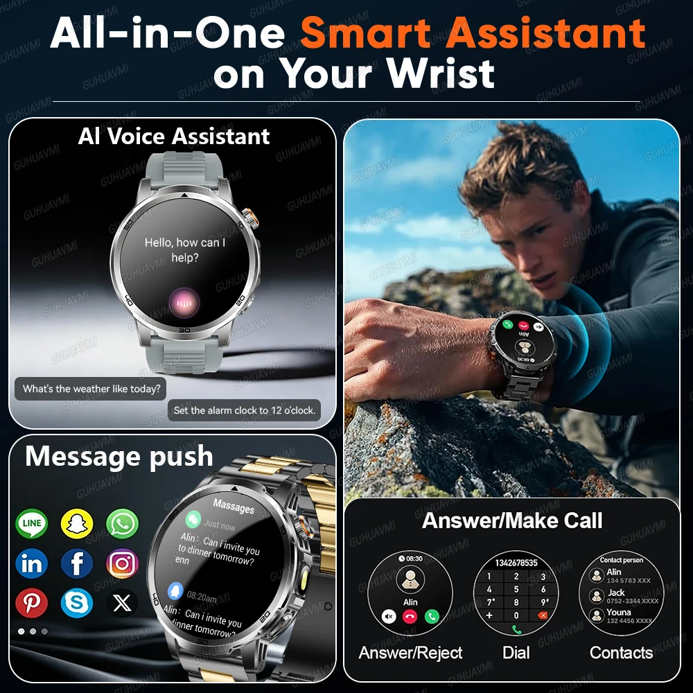 2026 New Military Ultra 1000mAh Battery Smart Watch 1.85 "HD Large Screen IP69K Waterproof LED Flashlight Sports Smartwatch Men 6