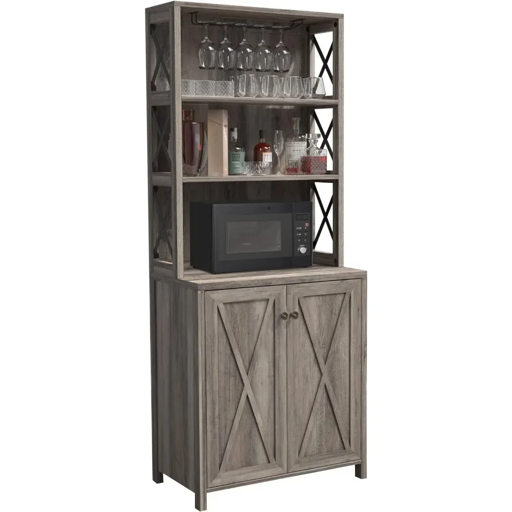

Bar Cabinet for Liquor and Glasses, Dining Room Kitchen Cabinet with Wine Rack, Open Storage Shelves, Wood Doors