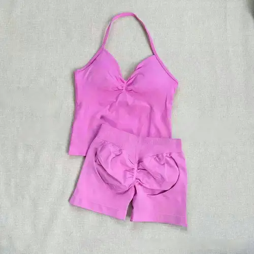 Women Gym Suit Clothes Longline Strappy Top Bras Seamless High Waisted Shorts Sports 2PCs Fitness Suit Running Workout Yoga Set - Image 8