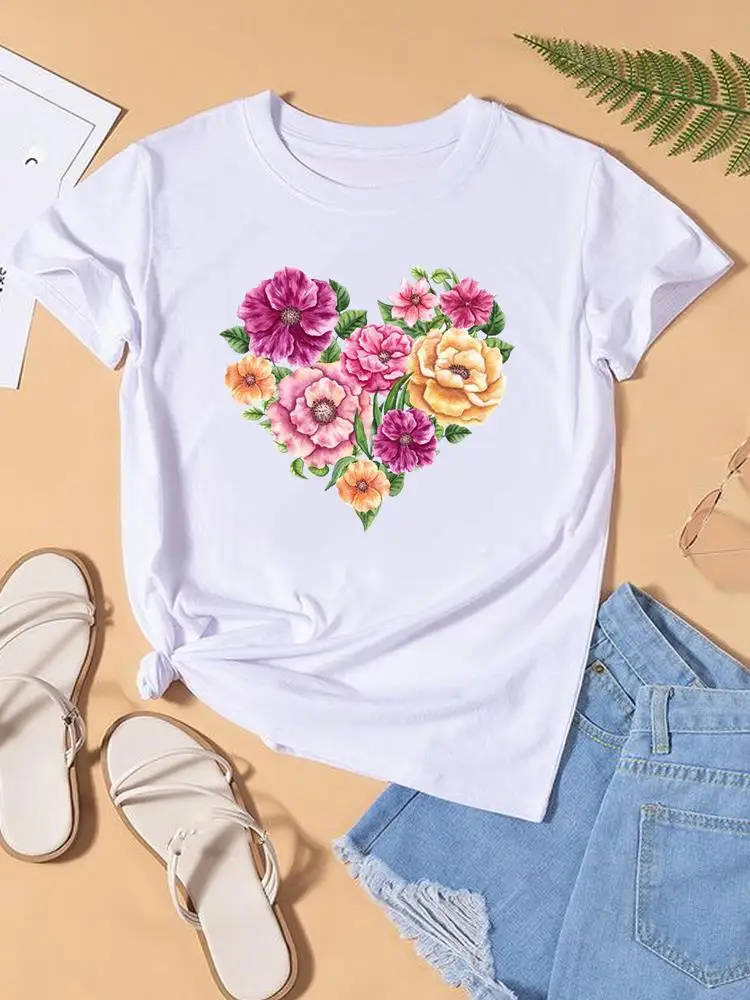 

Clothes Short Sleeve Graphic T-shirt Women Top Fashion O-neck Love Heart Style Trend 90s Clothing Print Flower Female Shirt Tee