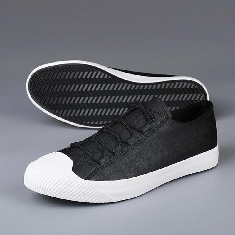 Luxury Low Top Men Vulcanize Shoes 2023 Autumn New Leather Casual Shoes Korean Breathable Black Lace-up Sneaker Shoes