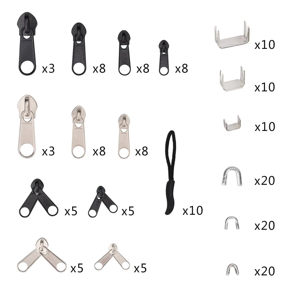Zipper Repair Kit 197pcs/kit Replacement Zipper Head Slider Set with Top Cutting Pliers Box For Clothing Luggage