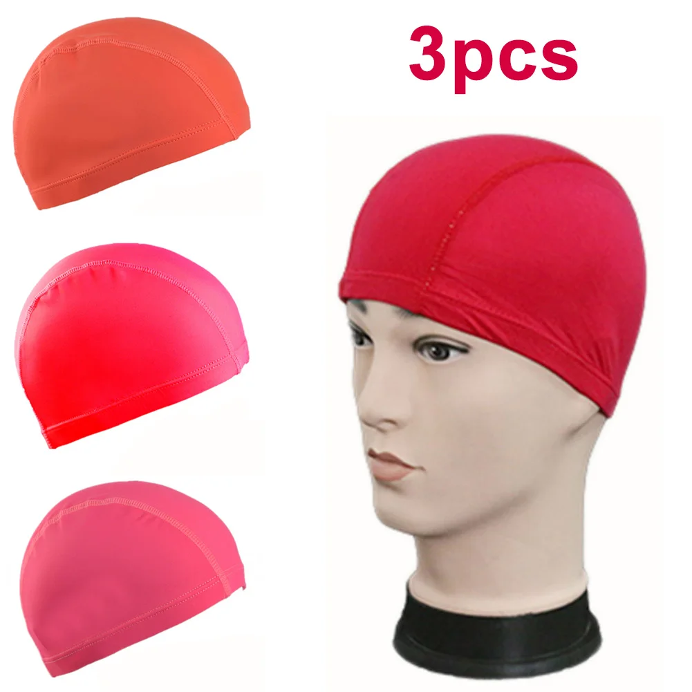 3pcs New Swimming Cap Men & Women Adults Elastic Waterproof PU Fabric Protect Ears Long Hair Sports Swim Pool  Free Size Hat