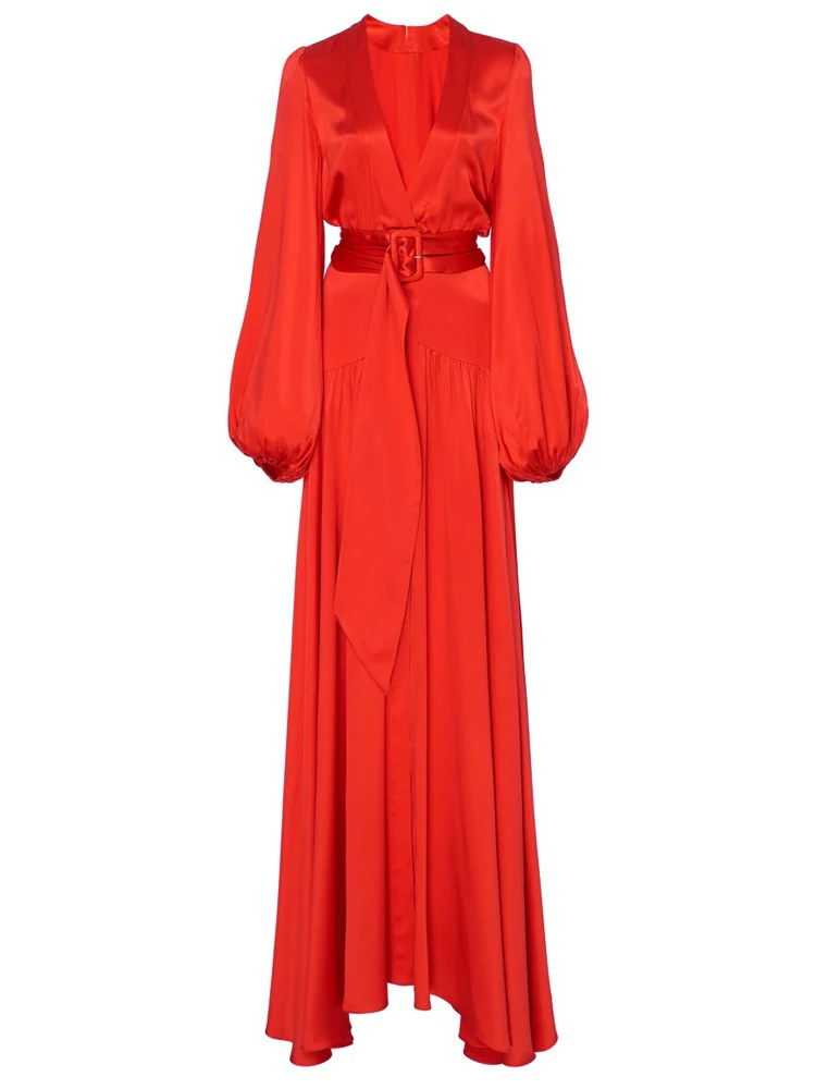 

High Split Dress Red 2022 Spring Summer Women's V-neck Long Sleeve Solid Color Unique Sexy Long Style Elegant Party Holiday Prom