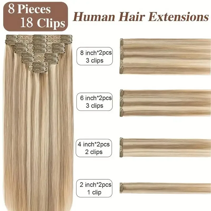 Highlight Straight Clip In Hair Extensions Brazilian 100% Real Human Hair Color P8/613 Clip Ins Full Head Seamless 8Pcs/Set 120G