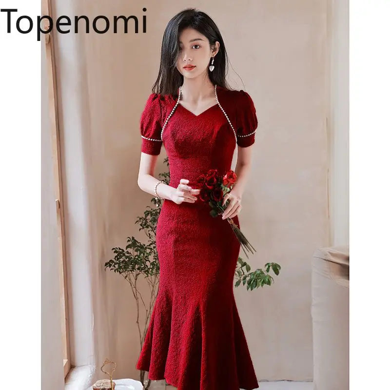 

Topenomi French Wine Red Fishtail Engagement Party Dress Women Summer Beading Puff Sleeve Waist Slim Formal Evening Gown Luxury