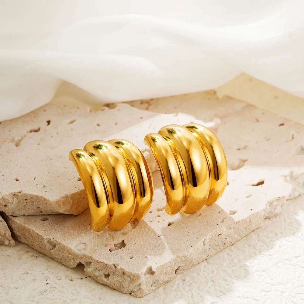 Stylish Polished Lightweight Geometric Big Studs 18K Gold Plated Waterproof Wave C Shape Stainless Steel Dangle Earrings Gifts