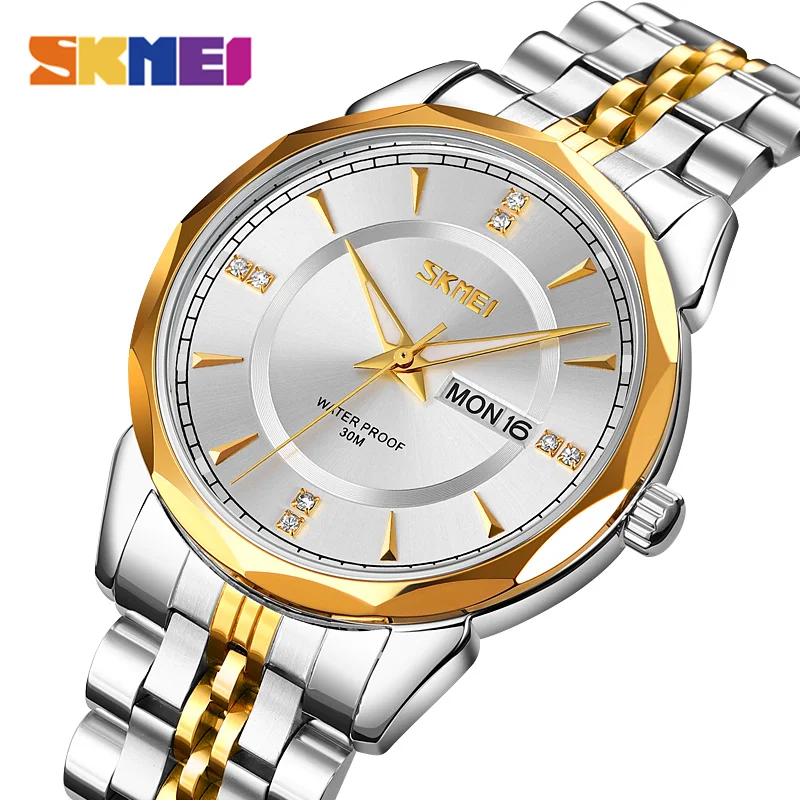 

SKMEI Luxury Mens Watches Luminous Waterproof Stainless Steel Watch Quartz Man Date Calendar Business Wristwatch Male Clock 9268