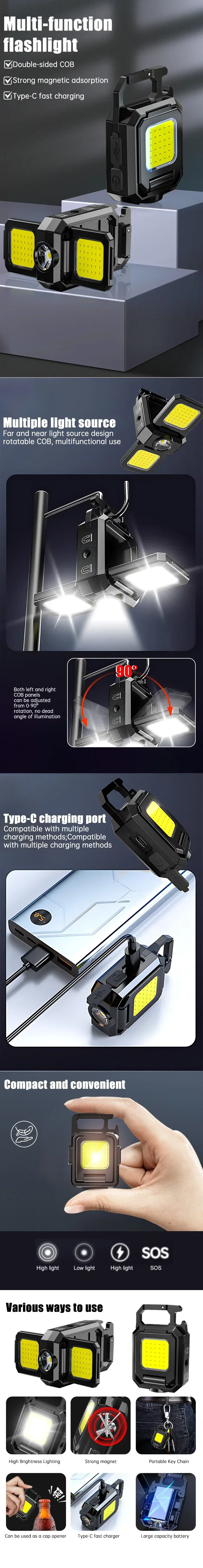 Description Picture 2 of itemMultifunctional Three Head Keychain Lights Portable COB Mini Camping Light Type-C Work Light Outdoor Flashlight Bottle Lifter