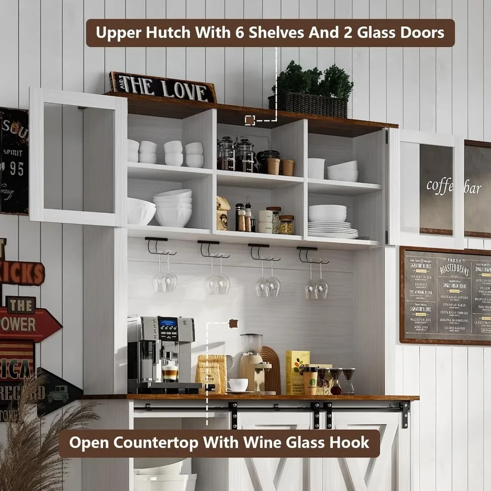 Farmhouse Coffee Bar Hutch with Sliding Barn Doors，72&rdquo;White Buffet Cabinet with Hutch, Glass Doors and Wine Rack