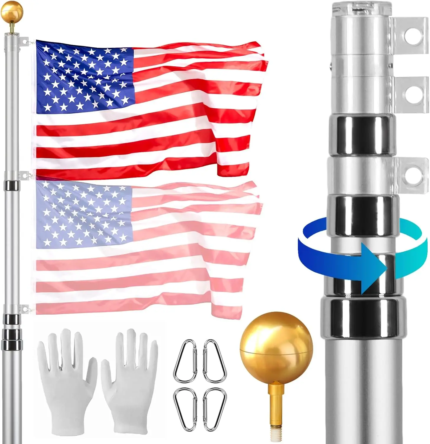20FT Telescoping Flag Pole Kit, Heavy Duty Aluminum Alloy in Ground Flag Poles for Outside, 3 Display Modes Flagpole with 3x5