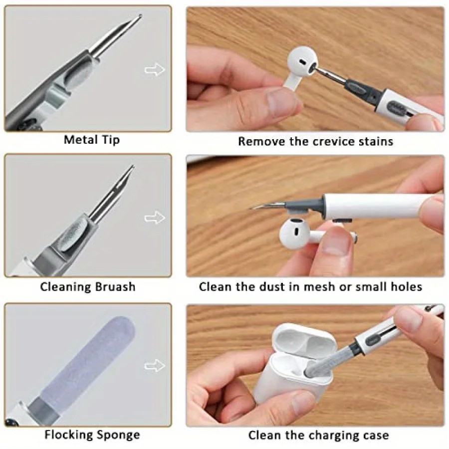 7in1 Multi-Function Cleaning Pen Soft Brush Flocking Sponge with Cloth, Airpod Cleaner Kit,for Airpods Pro 1 2 3, Mobile Phone 3