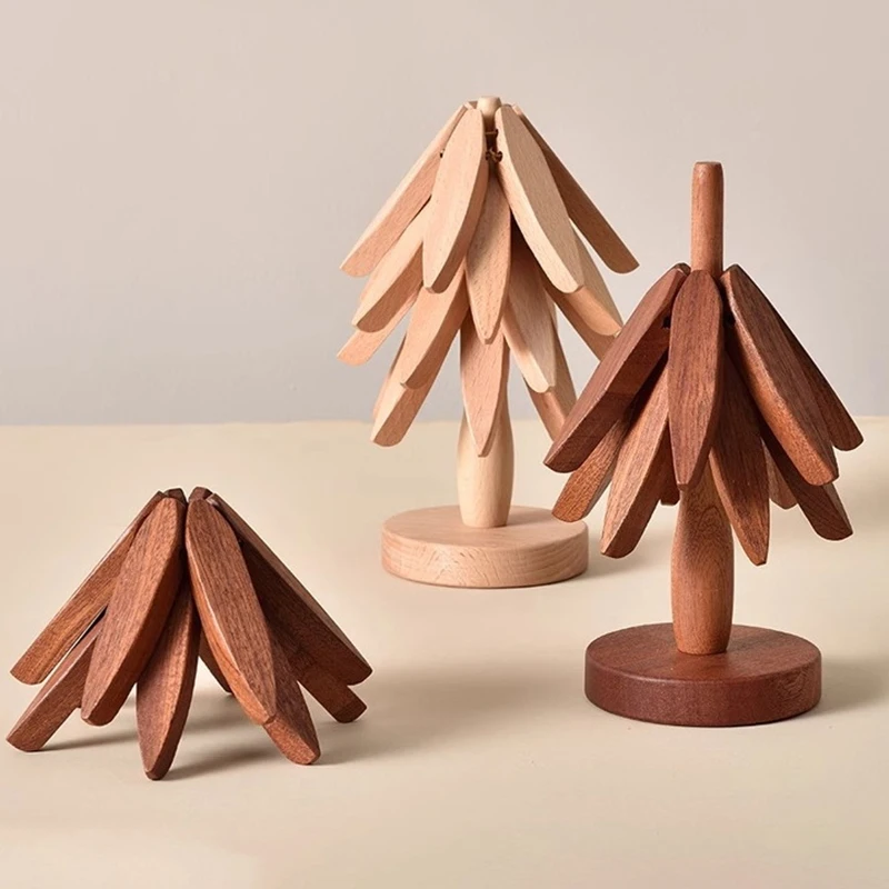 Set Di 4 Sottopentola In Legno A Forma Di Albero + Supporto - Design Pieghevole A Gravità, Diametro 19,5 Cm, Protezione Termica Per Piatti Caldi, Pentole E Teiere, In Noce