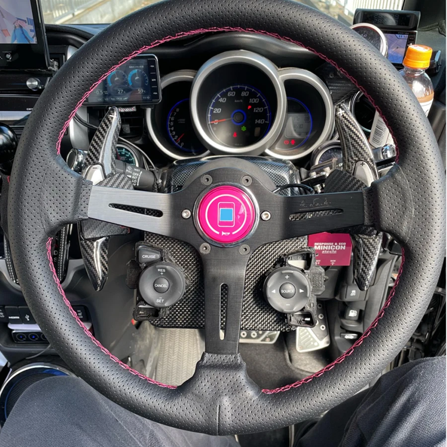 Universal Classic 350mm 14inch Drift Racing Steering Wheel Leather Steering  Wheel With Pink Horn Button