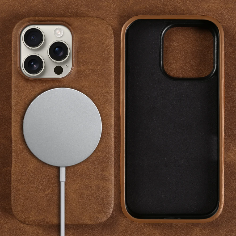 Elegant Retro Leather Magnetic Phone Case with Wireless Charging Capability