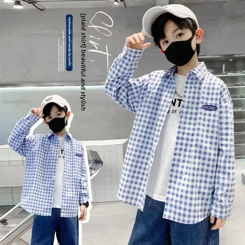 Children's Plaid Long Sleeve Shirt Lapel Collar Casual Top For Middle And Large Children Fashionable Chinese Style Boys Clothing