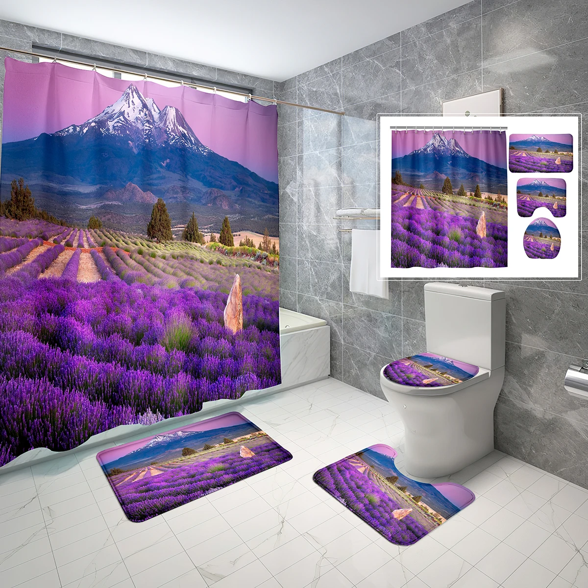 

Lavender Shower Curtain Set 4 PCS Natural Violet Flower Bathroom Non-Slip Bath Mat Waterproof Shower Curtain Toilet Cover Set