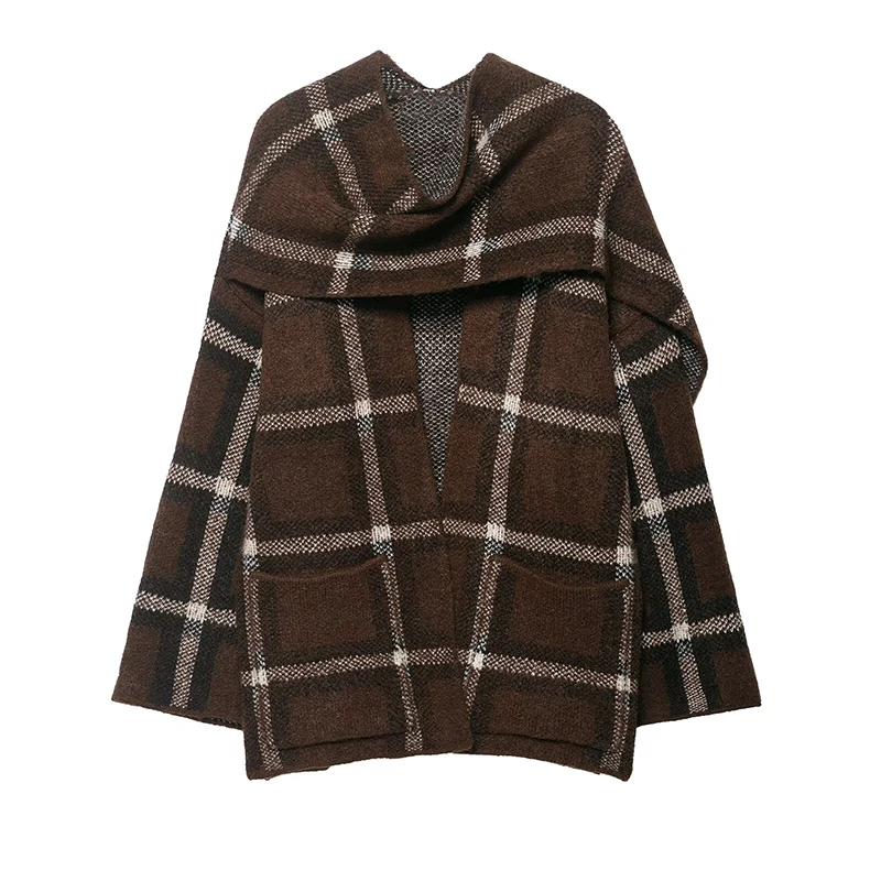 TFMLN New Women Fashion Plaid Knitted Cardigans Coat  Autumn Winter Long Sleeve Scarf Collar Sweater Warm Style Knitwear