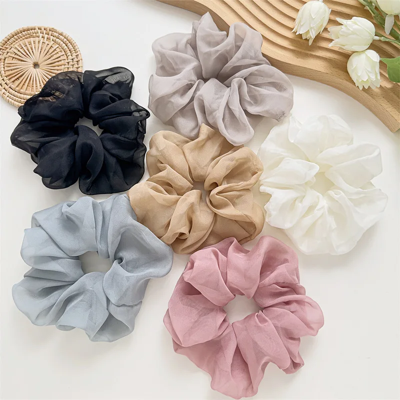 

New Korean Woman Summer Sweet Large Gauze Elastics Hair Band Solid Color Scrunchies Hair Ties Ladies Ponytail Holder Ornaments