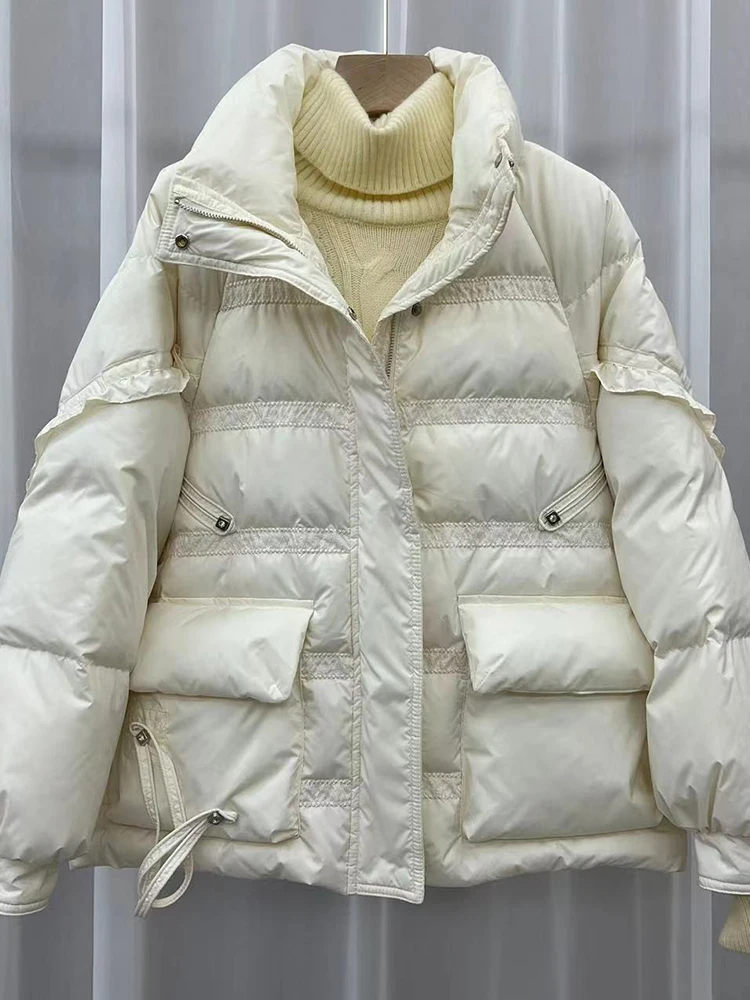 

NEW Winter Women White Duck Down Coat Lady Stand Collar Button Zipper Coat Casual Loose Thick Warm Puffer Outwear