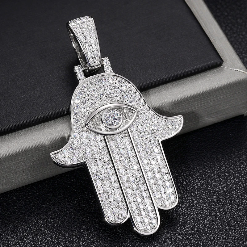 D VVS Moissanite Hamsa Hand Evil Eye Pendant Necklace For