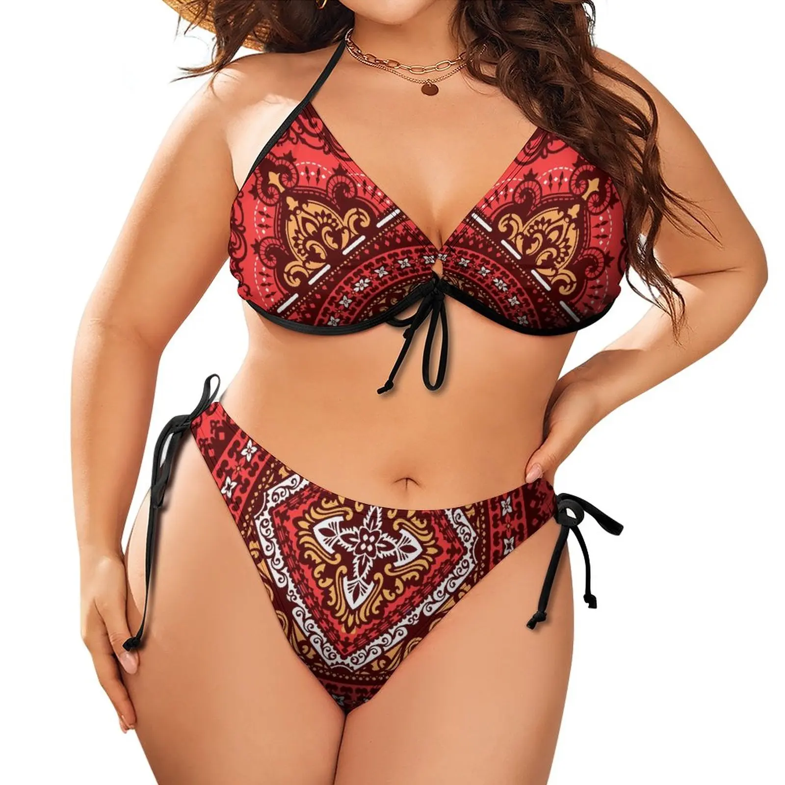 

Printed Bandana Bikini Custom Grain Pattern Swimsuit Sexy Low Waist High Leg Cut Plus Size Swimsuit Two-Piece Bikini Party