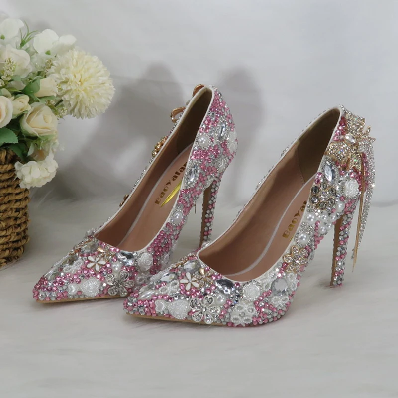 Shallow Women Bridal Wedding Shoes Fashion High Pumps Woman Thin Heel Tassel Crystal Party Dress Shoes Lady Pink Crystal Shoe