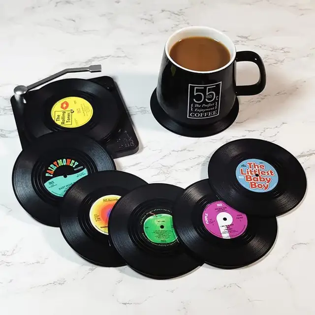 New 6/4/2PCS Retro Vinyl Record Cup Coaster Anti-slip Coffee Coasters Heat Resistant Music Drink Mug Mat Table Placemat Decor 2