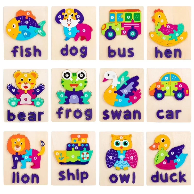 

Wooden Alphabet Digital 3D Animal Jigsaw Puzzle Cognitive Toys for Kid Children Wood Intelligence Montessori Early Educational