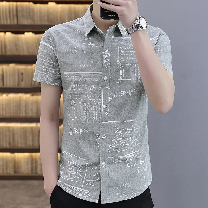 Summer Men's Short Sleeve Shirt Fashion Slim Fit Handsome Casual Business Mid Sleeve Print Shirt