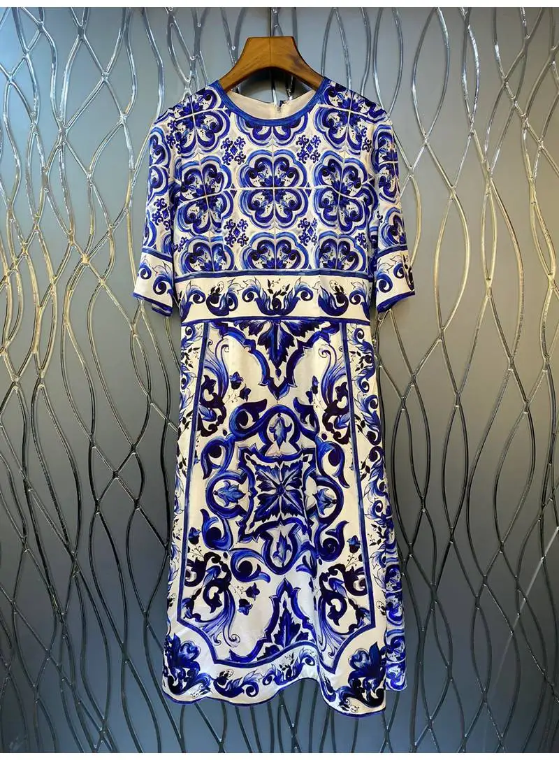 

100%Silk Dress 2022 Summer Party Vestidos Women Royal Blue Porcelain Prints Short Sleeve A-Line Casual Vintage Retro Dress