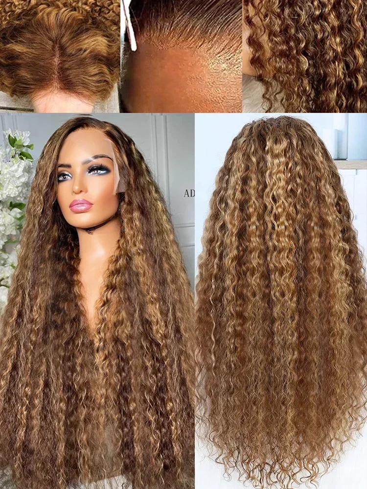 4/27 Highlight Ombre Deep Wave HD Lace Front Wigs 250 Density Curly 30 40 Inch Brown 13x6 Lace Frontal Human Hair Wig Water Wave