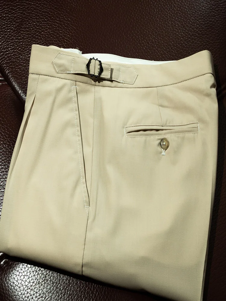 Machine washable worsted wool drape and wrinkle resistant casual pants for men,Paris buckle single pleated micro tapered version