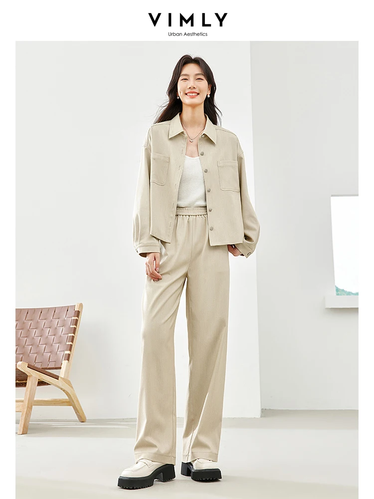 

Vimly Two Piece Sets Womens Outifits Lapel Shirt Coat Elastic Waist Baggy Pant 2024 Spring Office Lady Casual Matching Set M3995