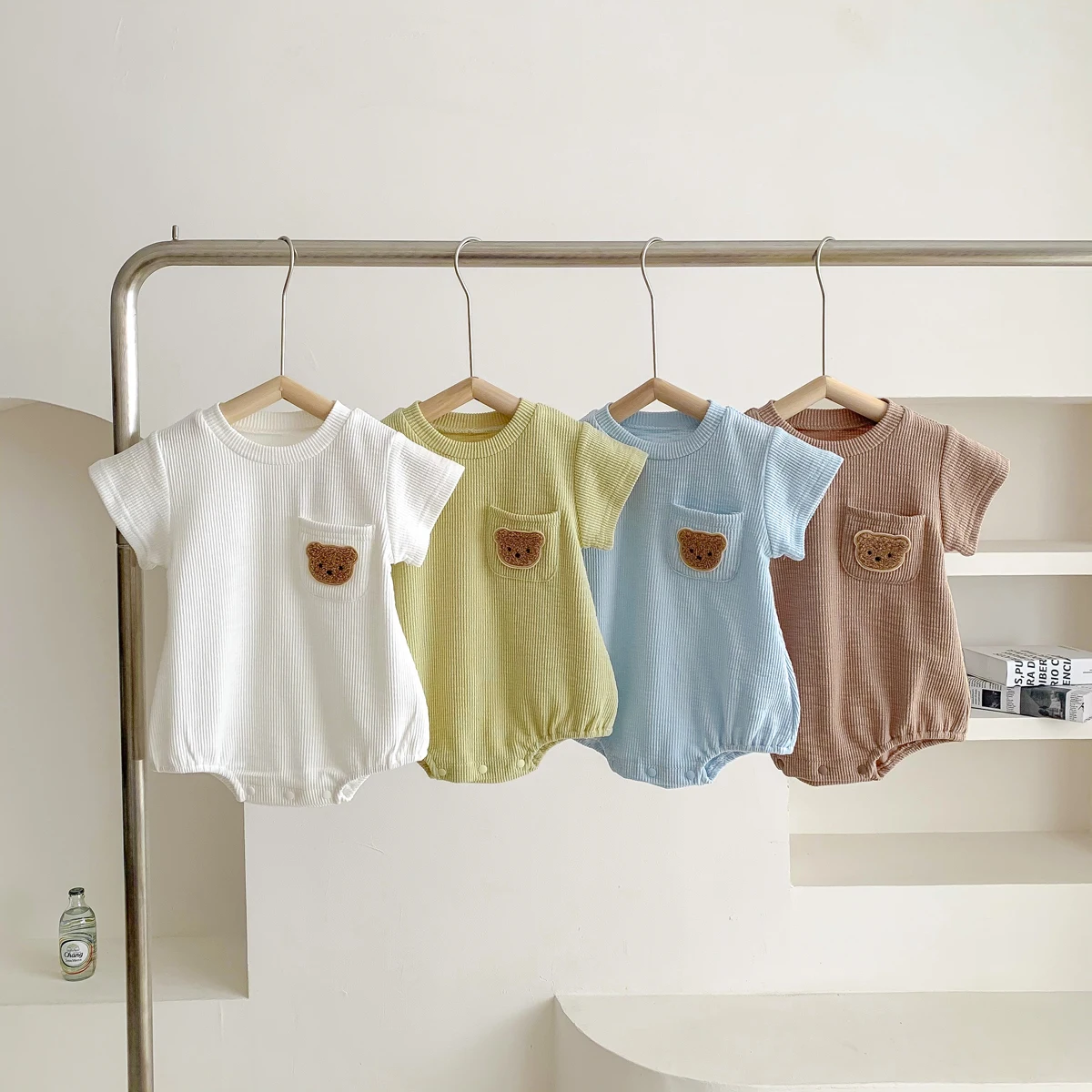 Summer Baby Clothes Newborn Jumpsuit Boy Romper Solid Color with Pockets Bear Embroidery Print 0-2yrs 1