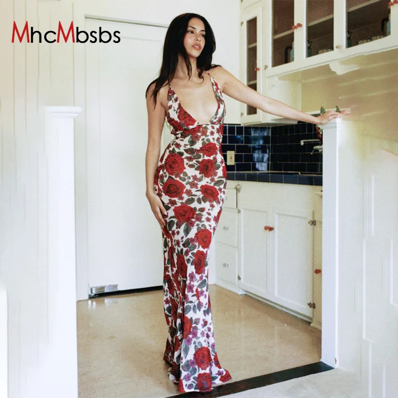 

Sexy Spaghetti Strap Backless Floral Print Maxi Dress For Women Deep V Neck Sleeveless Lace Up Bodycon Long Dress Vestido 2024