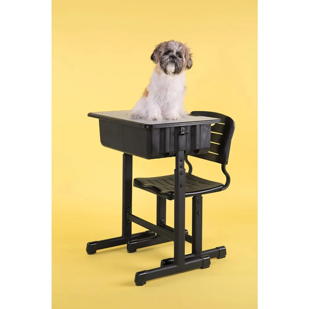 Adjustable Height Student Desk and Chair Set for Classrooms or Remote Learning, School Desk with Chair and Book Box, Gray/Black