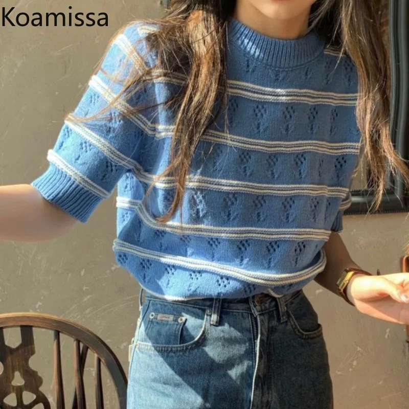 

Koamissa Thin Summer Knitted T-shirt Short Sleeves O-neck Causal Loose Tshirts Female Slim Striped Tshirt Lady Korean Chic Tops