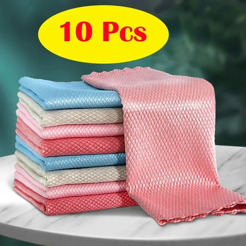 5Pcs Kitchen Microfiber Cleaning Cloth Anti-grease Wiping Rags Efficient  Fish Scale Wipe Cloth Home Washing Dish Cleaning Towel