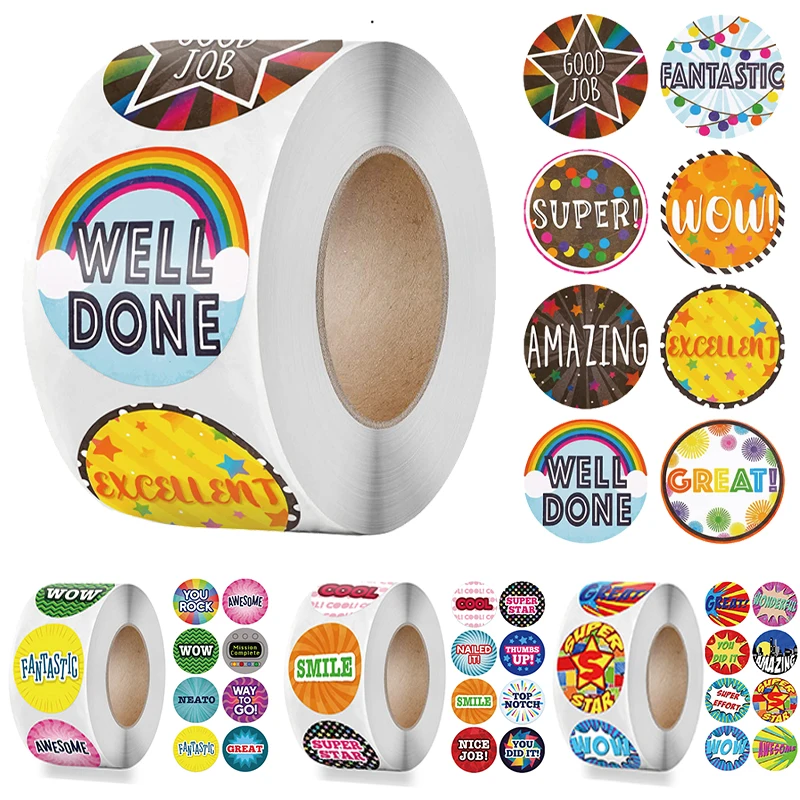 100-500pcs Cute Reward Stickers Roll with Word Motivational Stickers for School Teacher Kids Student Stationery Stickers Kids 1 inch cute cartoon unicorn stickers for kids 4 designs animal reward sticker school teacher supplies child stationery stickers