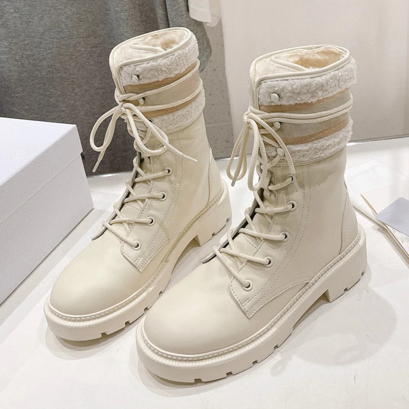 

Warm Boots For Ladies Winter New Non-slip Round Toe Height Increasing Ankle Boots Versatile Thick Bottom Lace-up Female Shoes