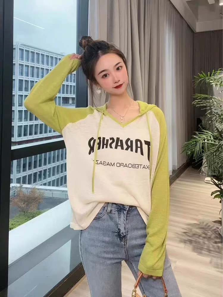 Summer Fashion Women's Letters Contrast Long Sleeve Hooded Knitwear