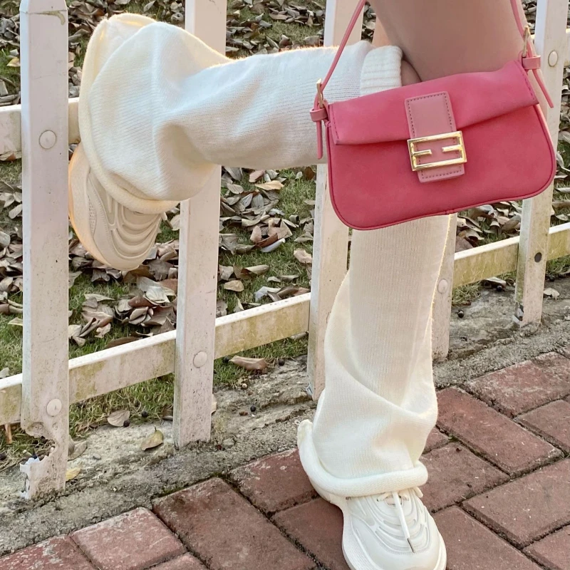 Kawaii-플레어 레그 워머 니트 하이 레그 워머 여성용, 화이트 겨울 느슨한 부츠 스타킹, 소녀 유니폼, 귀여운 일본 솜털