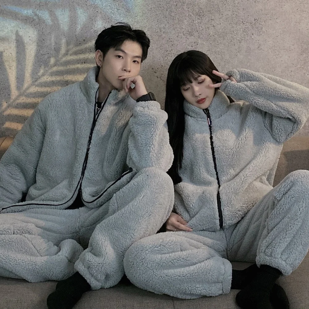 겨울 여성 코랄 플리스 홈웨어 수트 커플 긴 잠옷, 두꺼운 벨벳, 따뜻하고 부드럽고 편안한 잠옷 세트