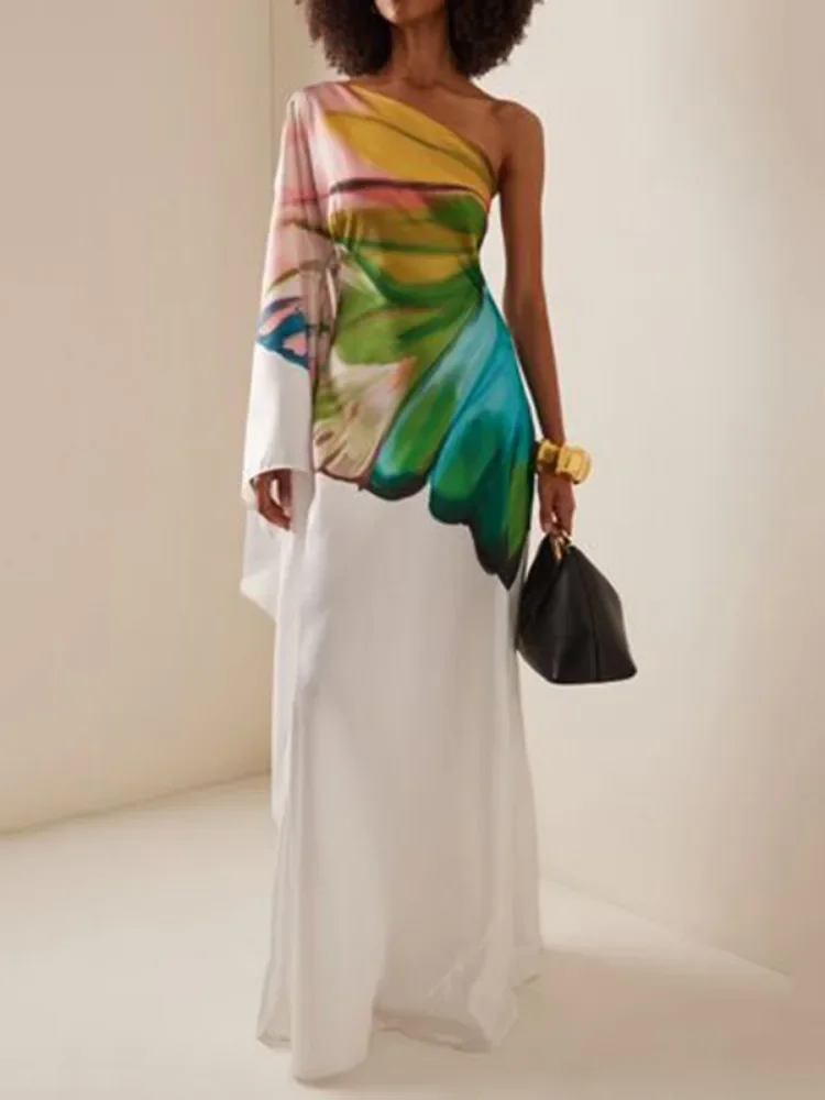 

Freeacy 2024 Fashion Flower Printed Maxi Dress One-shoulder High Waist A-line Dress Women's Elegant Party Dresses Vacation Dress