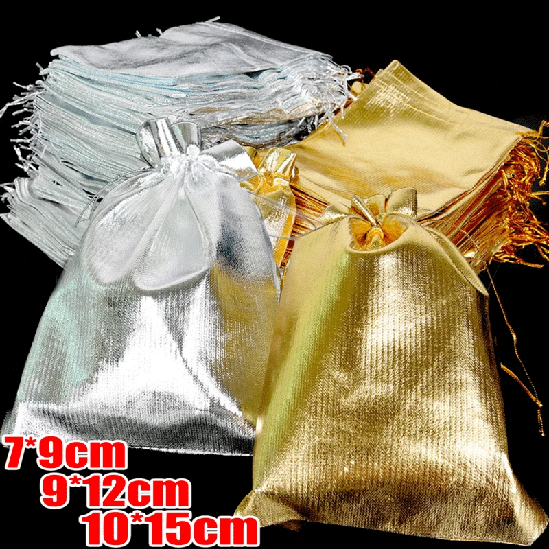 5/1PCS 7 * 9/9 * 12/10 * 15cm Gold Silver Colour Necklace Earrings Storage Bags Drawstring Gift Bag Charm Jewelry Packaging Bags