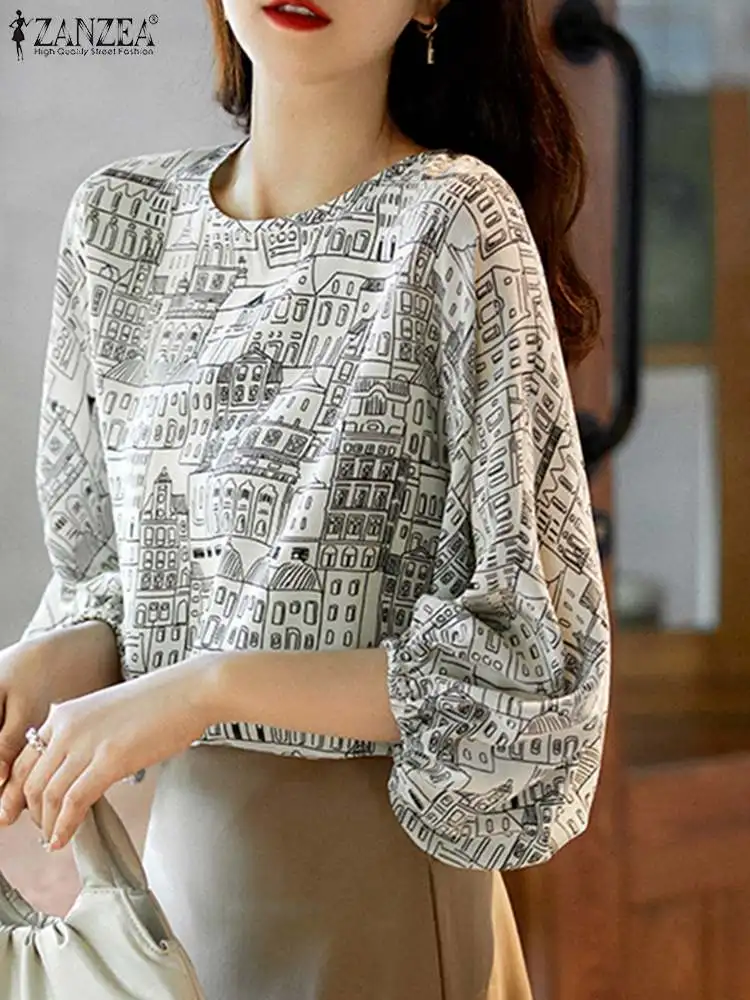

ZANZEA 2023 Summer Office Lady Korean Holiday Shirts Women Fashion Printed Tops Vintage 3/4 Puff Sleeve Blouse Round Neck Tunics